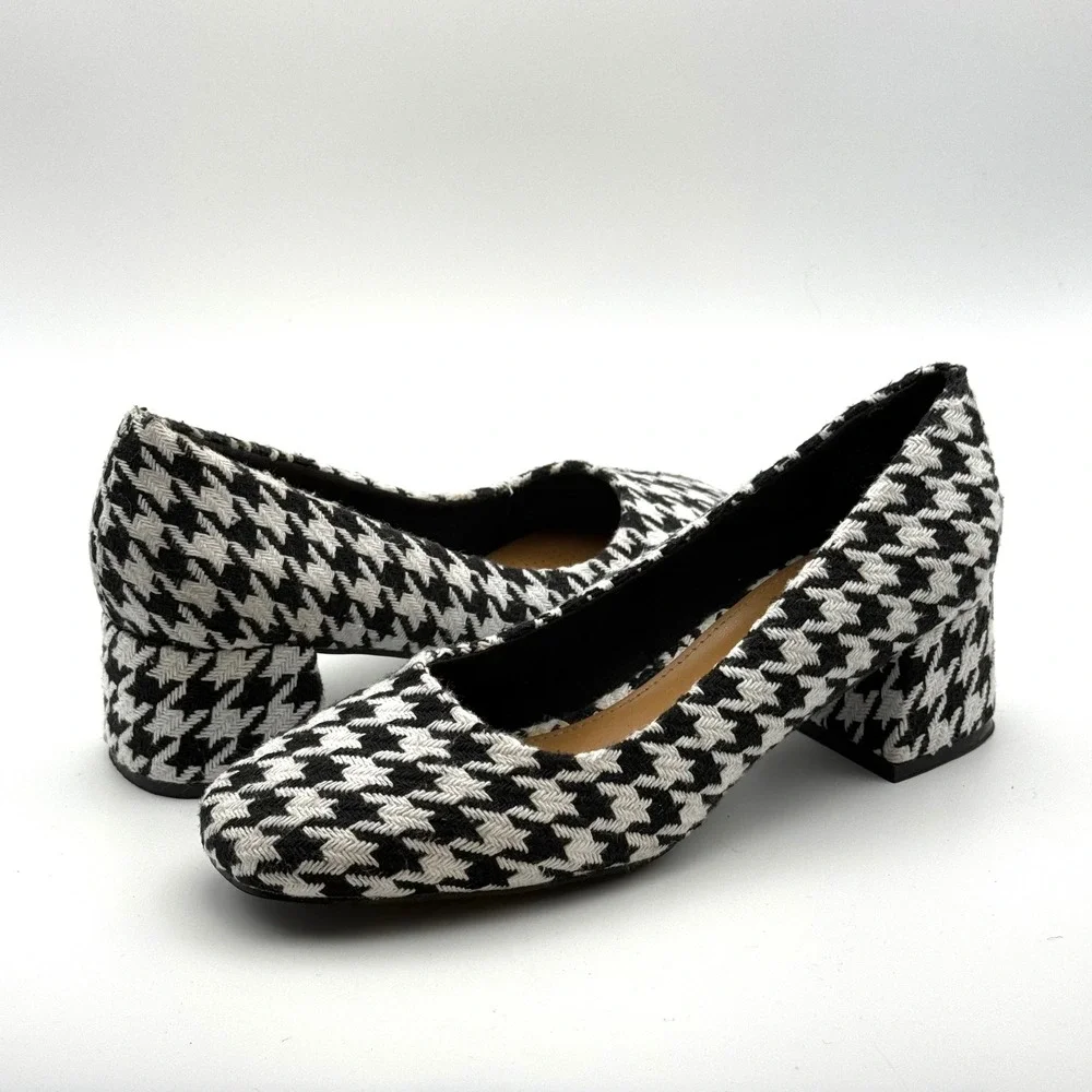 Comfortview Marisol Houndstooth Block Heel Pumps Black White Square Toe Shoes 9M